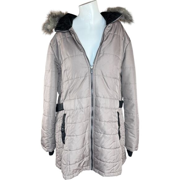 Susan Graver Water-Resistant Puffer Coat with Faux Leather Detail Thistle Large - Picture 1 of 12